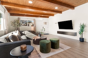 Smart TV, fireplace, books