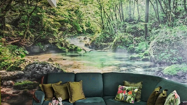 Una stanza con un divano verde, un tavolino di legno e un murale raffigurante un ruscello in un bosco.