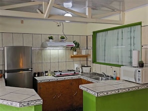 Fridge, microwave, coffee/tea maker, toaster