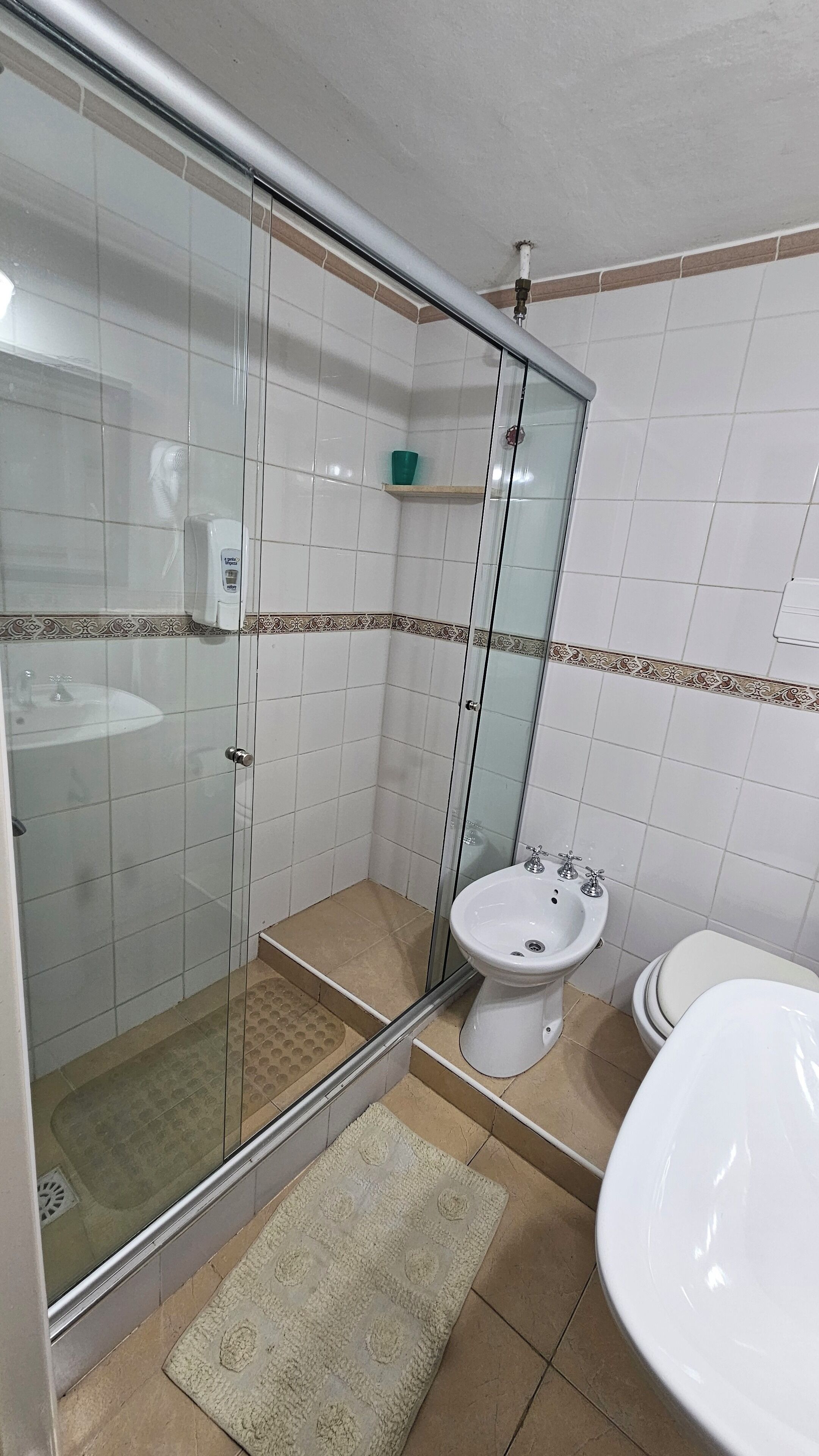Une salle de bain avec une douche à parois de verre, un lavabo sur colonne et des toilettes.