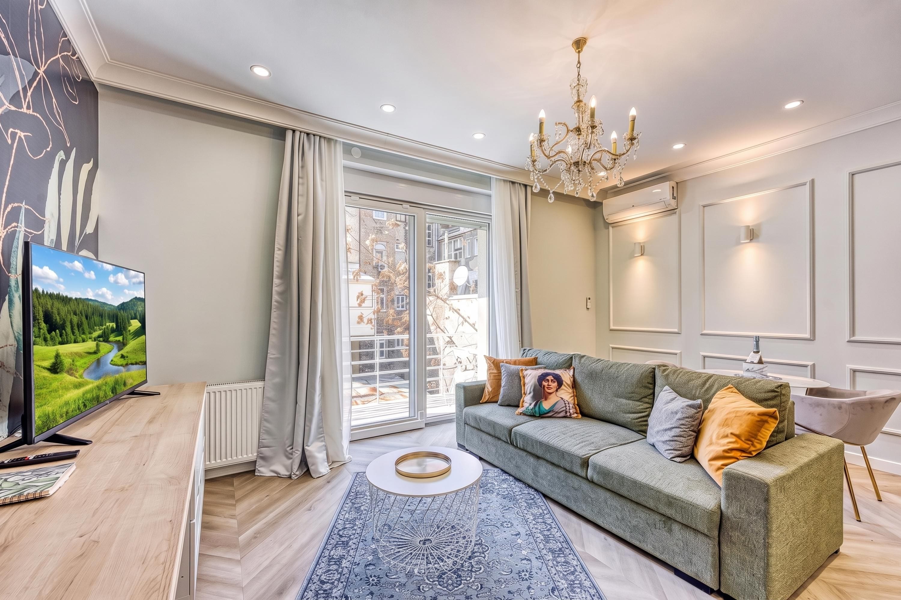 A modern living room with a grey sofa, a flat-screen TV, a chandelier, and a large window with curtains.