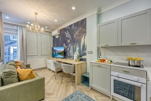 Fridge, oven, stovetop, electric kettle