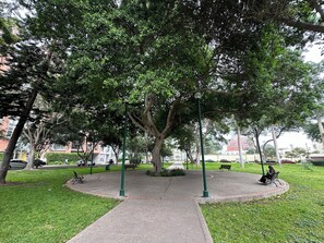 Un parque con un sendero pavimentado, bancos y árboles.
