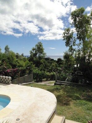 A backyard with a swimming pool, a stone wall, and a view of the ocean. - Black River Villa Turquoise 3bdr, sea View (Black River)