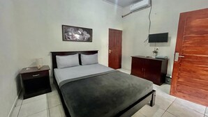 Un dormitorio con cama, mesita de noche, televisor, armario y puerta.