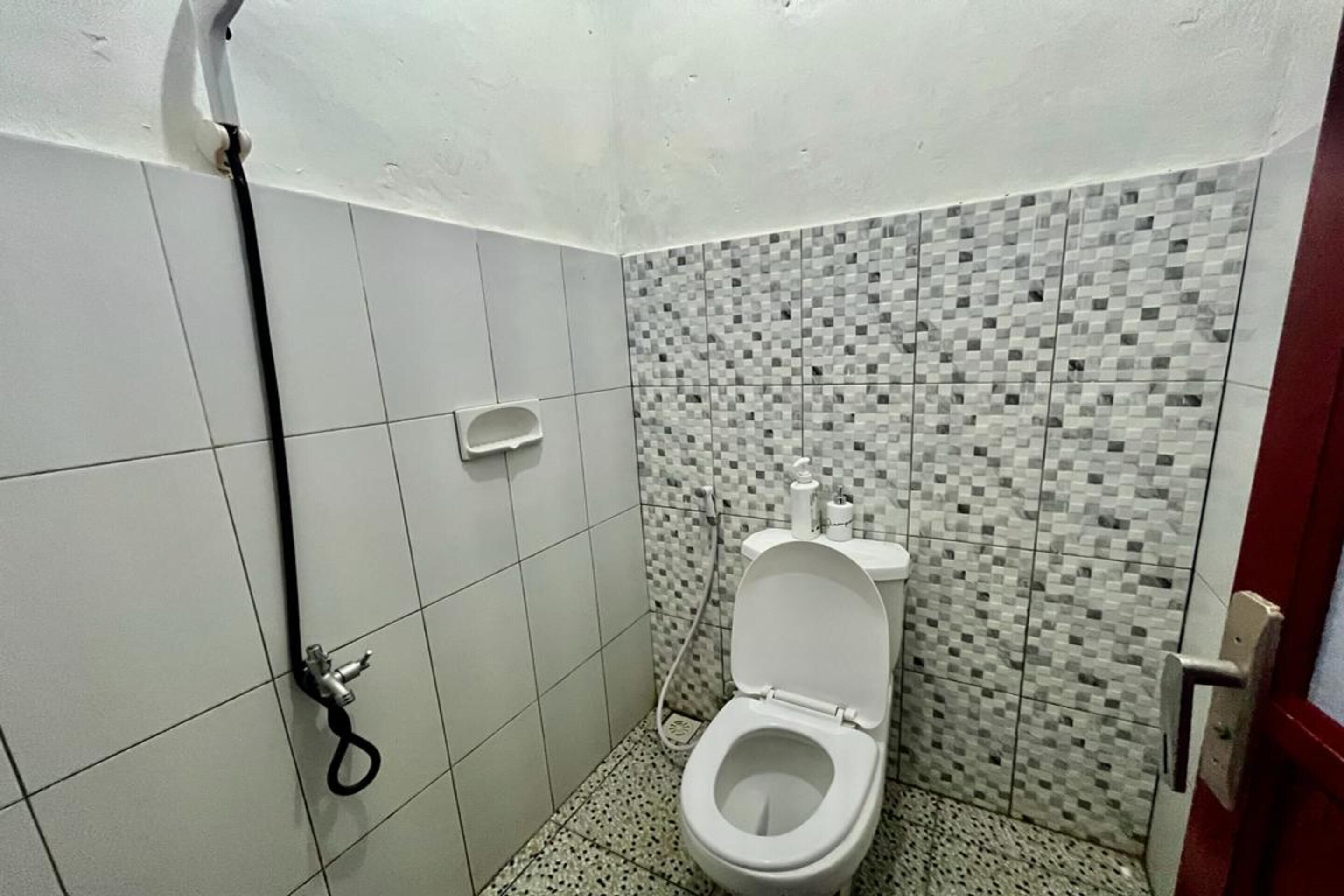 A small, tiled bathroom with a toilet, a shower, and a handrail.