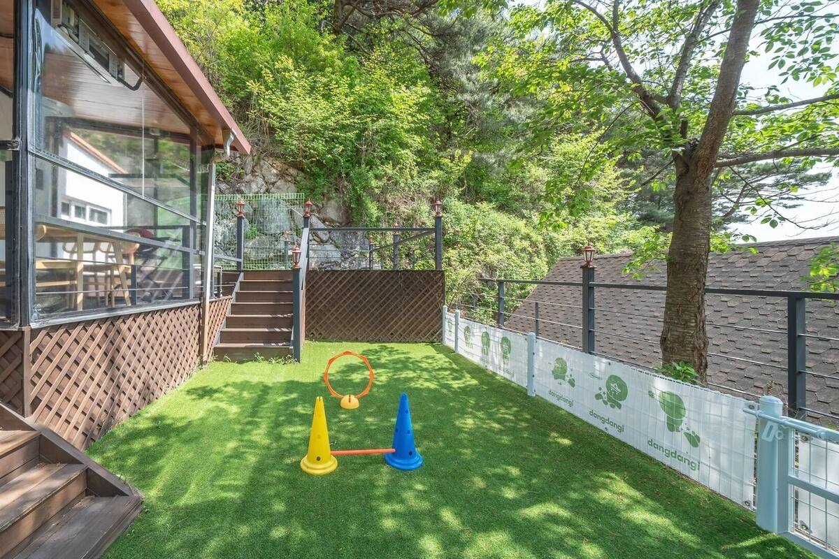 Un jardin avec une terrasse en bois, une véranda en verre et un espace clos doté d’un mur d’escalade.