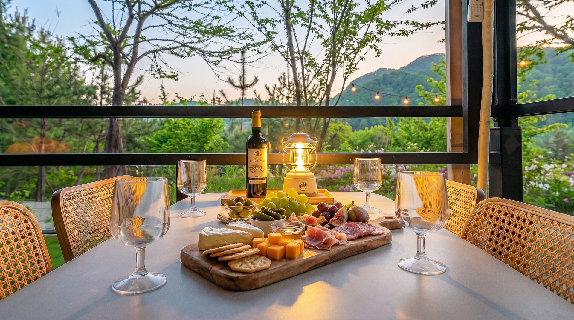 A table set for a meal with a bottle of wine, glasses, and a variety of cheeses and meats.
