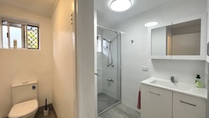 A bathroom with a toilet, a shower, and a sink with a mirror.