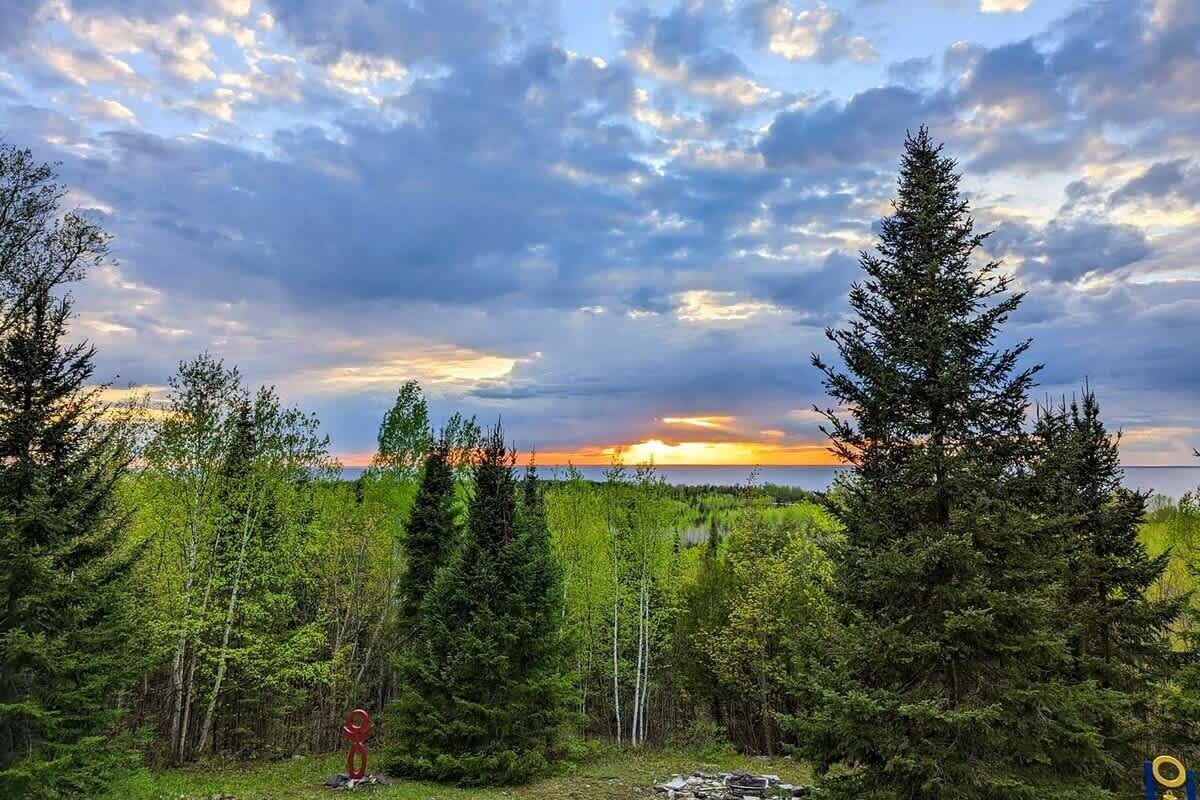 Eine bewaldete Landschaft mit Sonnenuntergang.