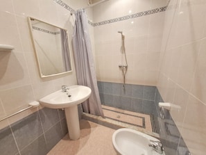 Ein Badezimmer mit einem Standwaschbecken, einem Spiegel, einer Dusche inklusive Handbrause und einem gefliesten Boden mit dekorativer Bordüre.