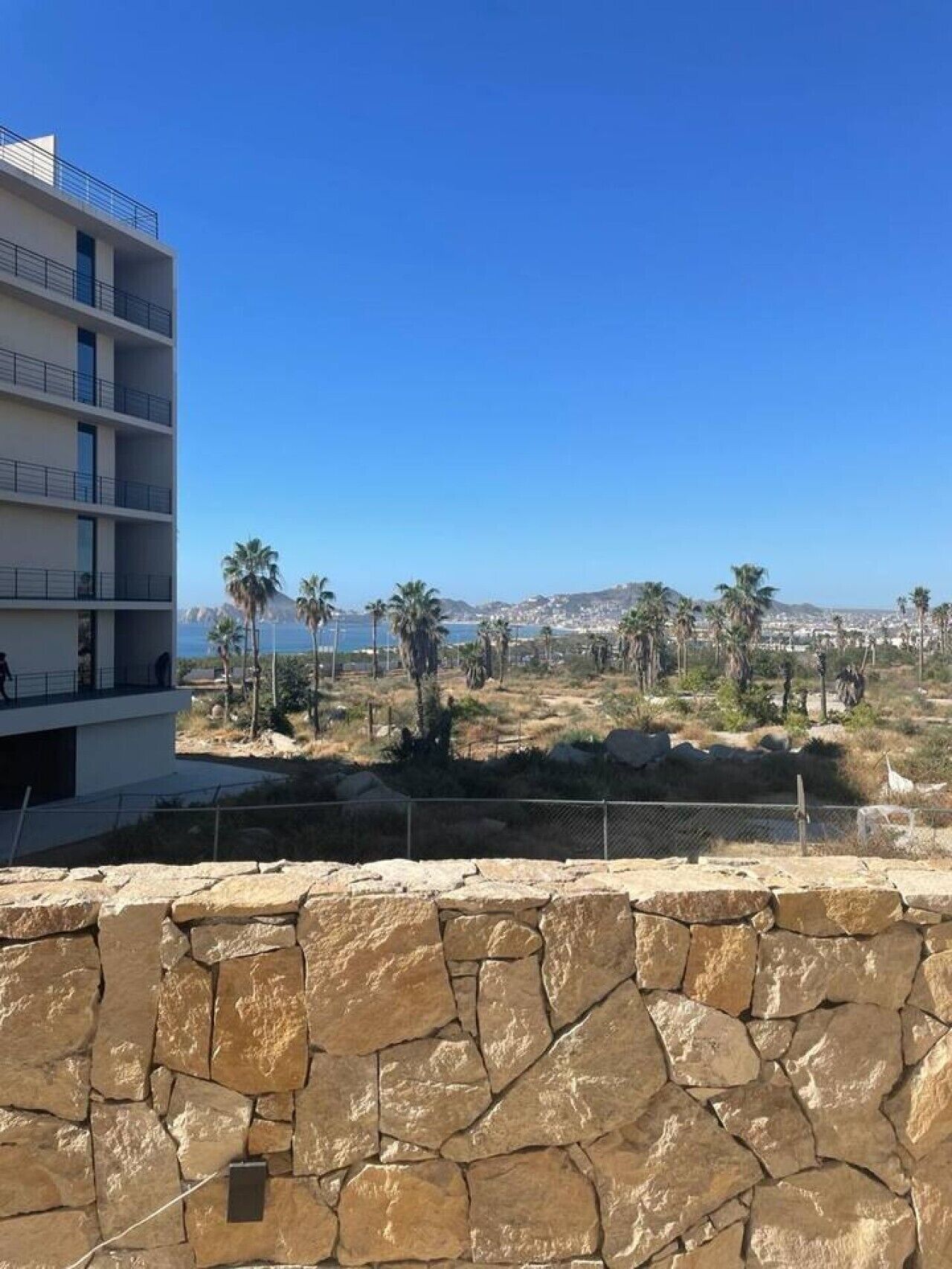 Un edifici d'edificis amb balcons amb vista a un paisatge costaner amb palmeres i una ciutat llunyana.