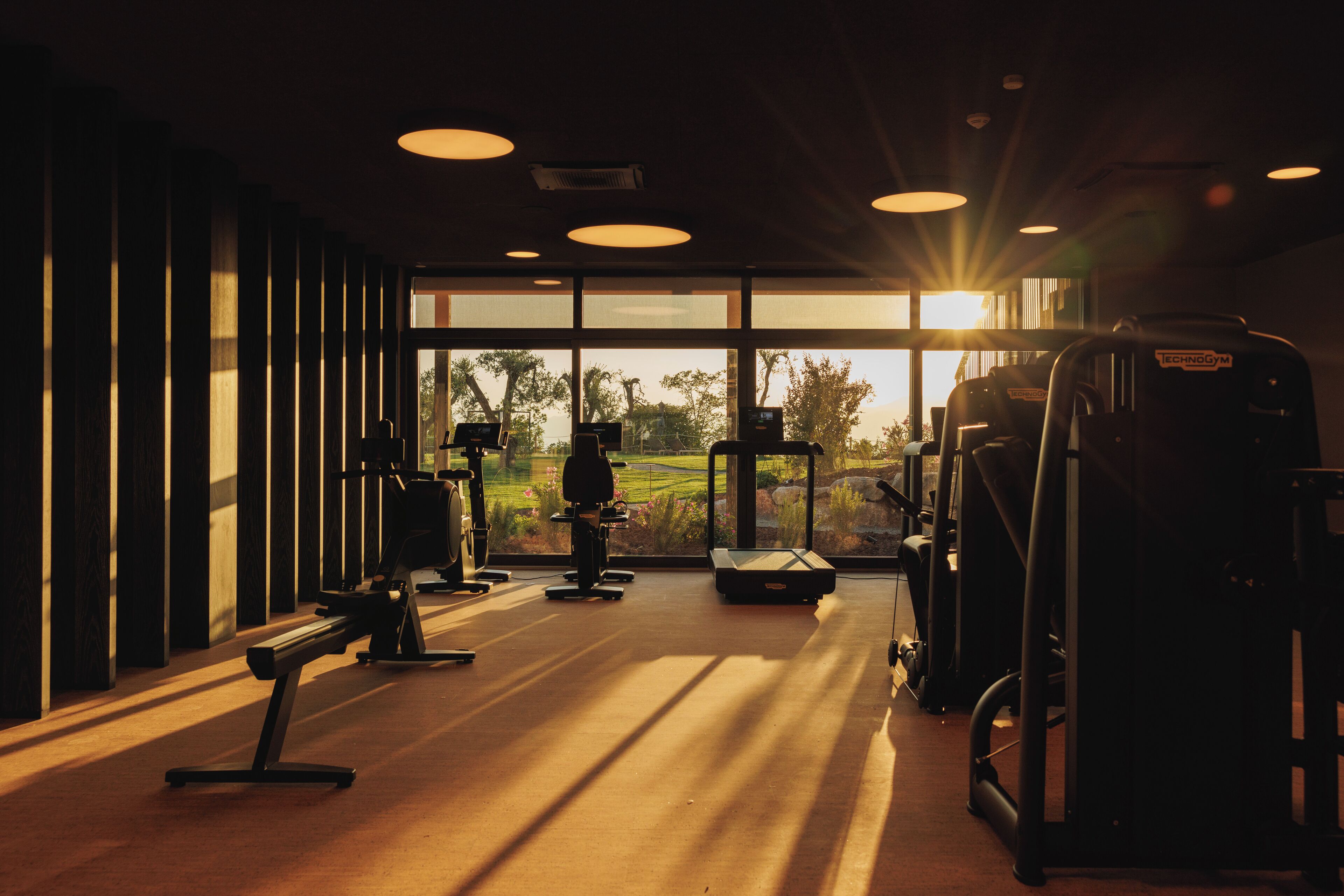 A gym with exercise equipment, large windows, and a view of the outdoors.