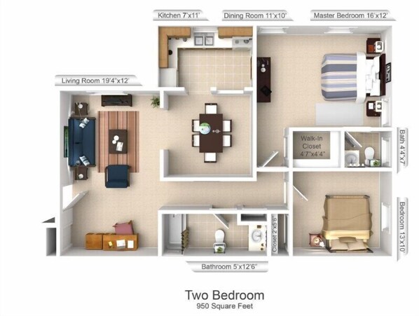 A two-bedroom apartment layout with a kitchen, dining room, master bedroom, living room, and bathroom.