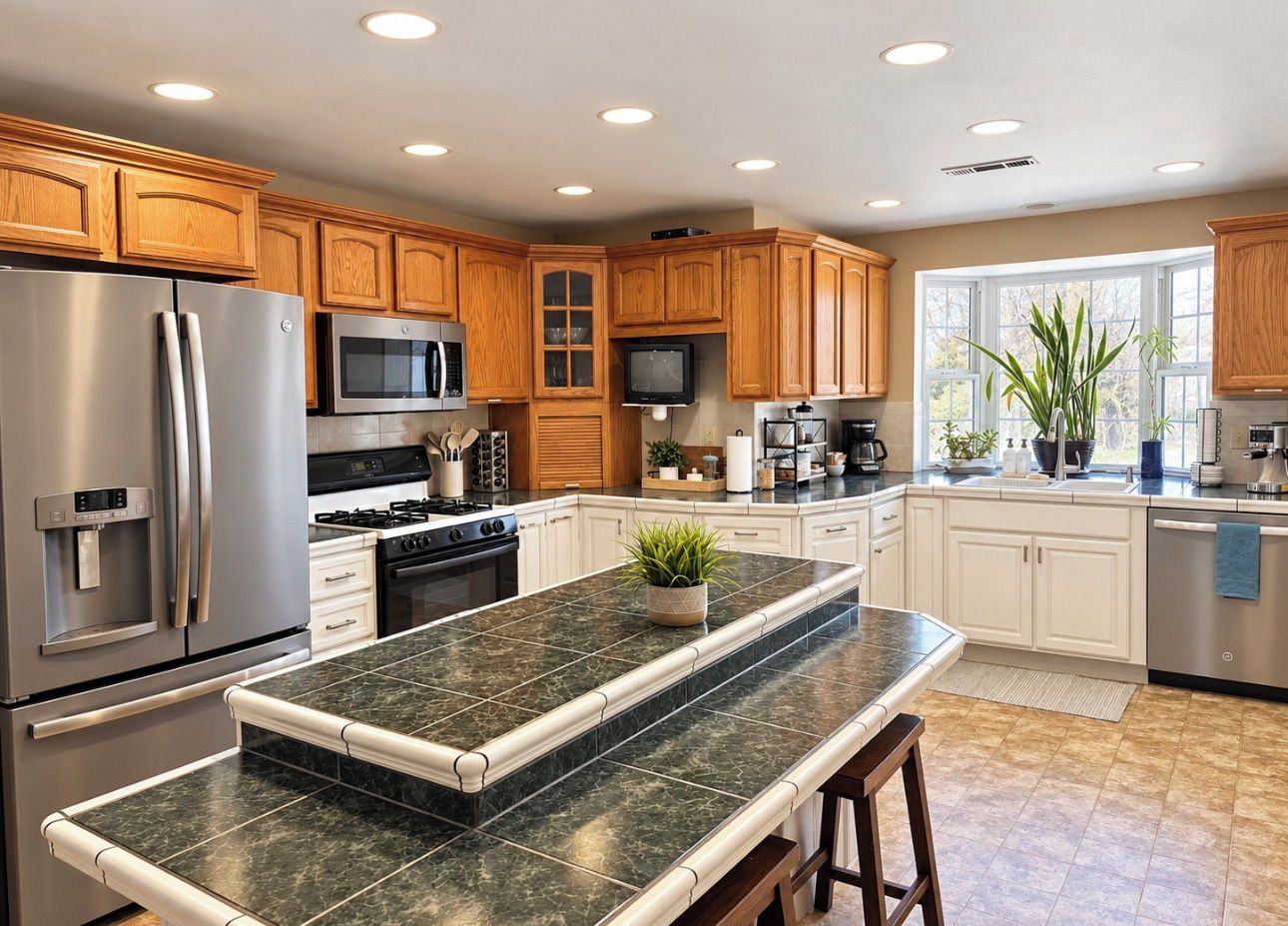 A modern kitchen with a stainless steel refrigerator, a built-in oven, a microwave, wooden cabinets, a marble countertop, and a window providing natural light.