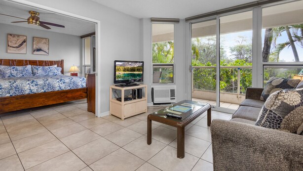 A bedroom with a bed, a TV, and a balcony with a view of greenery.
