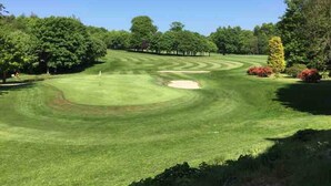 Ein Golfplatz mit einem gepflegten Grün, Sandbunkern und Bäumen.