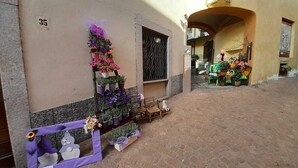 A narrow alley with a building numbered 35, decorated with potted plants and flowers.
