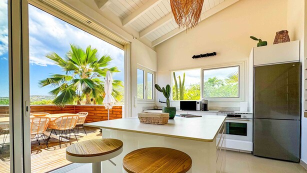 A modern kitchen with a large island, bar stools, and a view of palm trees.