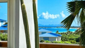 A balcony with a view of a beach and ocean, featuring cacti and a wooden bench.