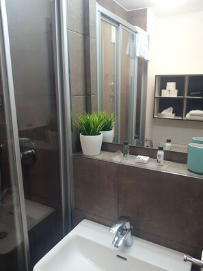 Shower, hair dryer, towels, toilet paper