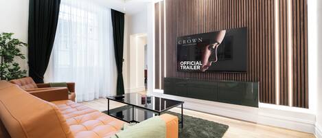 Design Apartment, 2 Bedrooms, Air conditioning | Living room | 70-inch Smart TV with digital channels, Netflix, Hulu