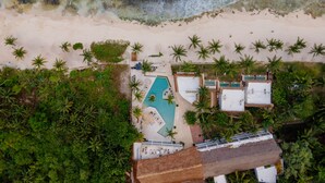 An aerial view of a resort with a swimming pool, beach, and palm trees.