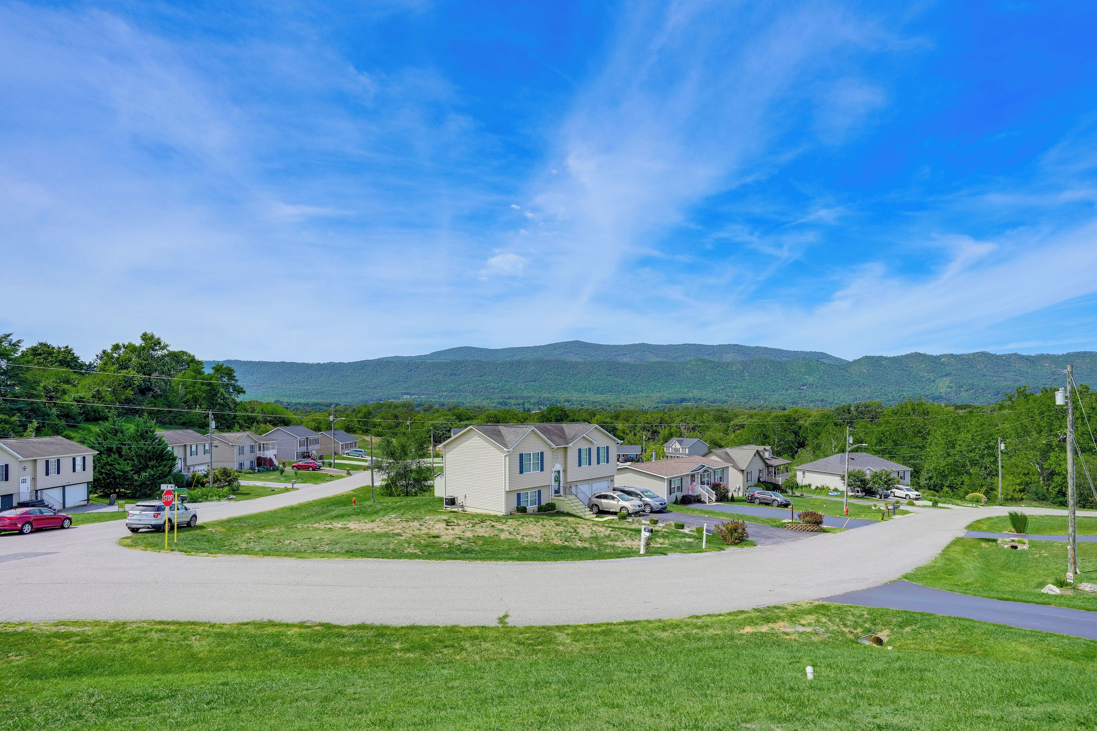 A residential area with houses, a stop sign, and a road.