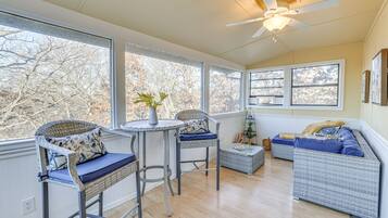 TV, fireplace, books