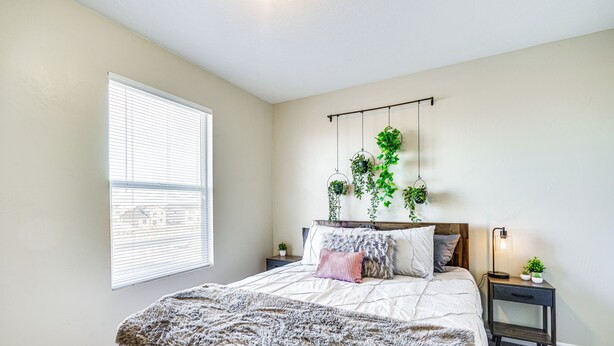 Une chambre à coucher comprenant un lit, une fenêtre, une table de chevet et une plante suspendue.