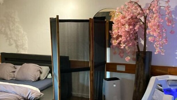 Ein Schlafzimmer mit Bett, begehbarer Kleiderschrank, Dusche und Whirlwanne.