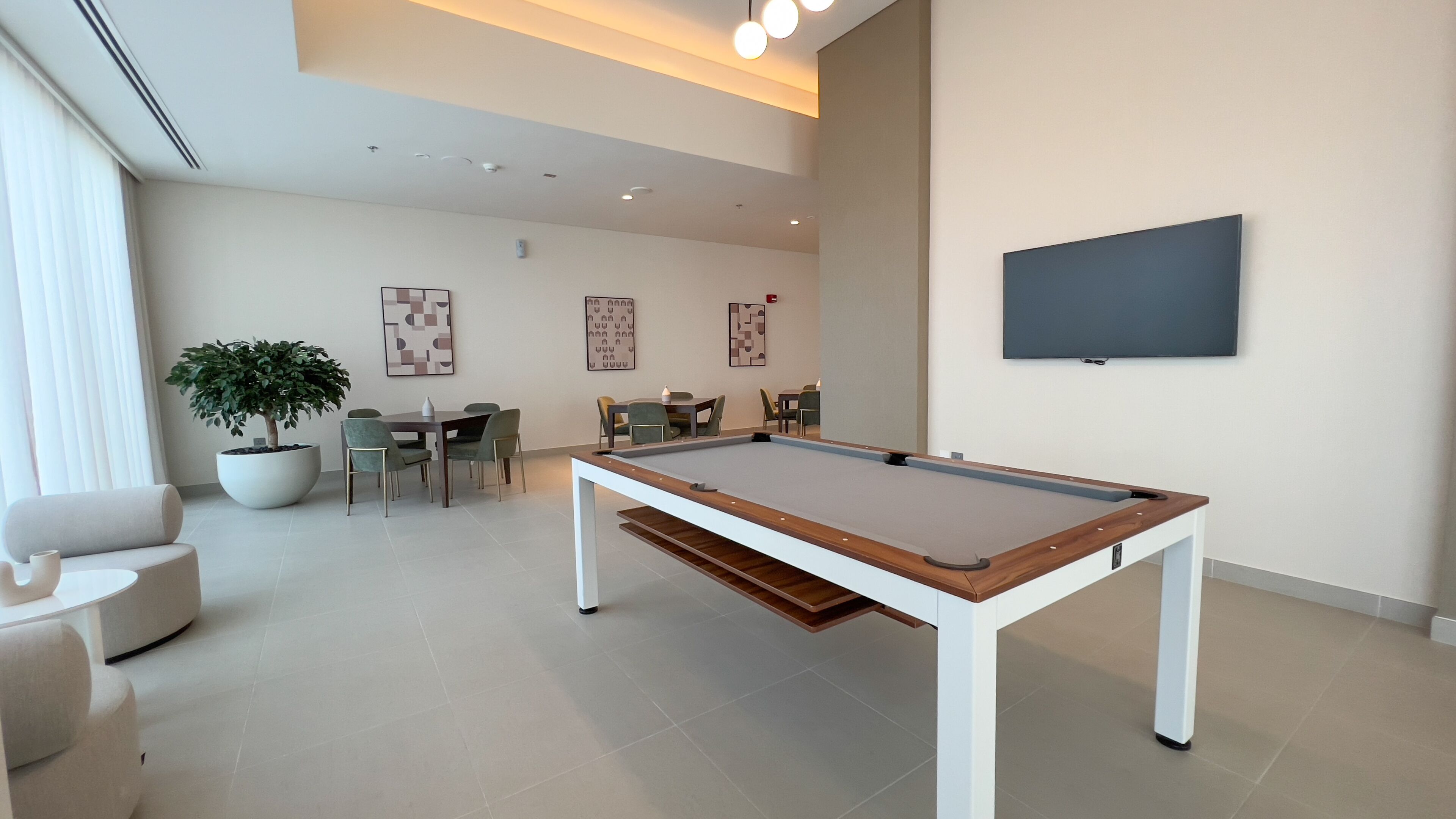 A modern living room with a pool table, a sofa, a dining area with chairs, a potted plant, and a flat-screen TV mounted on the wall.
