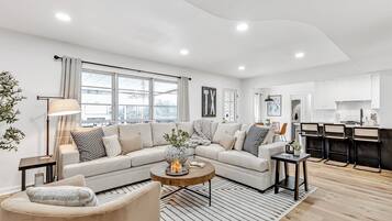 Smart TV, fireplace, table tennis, books