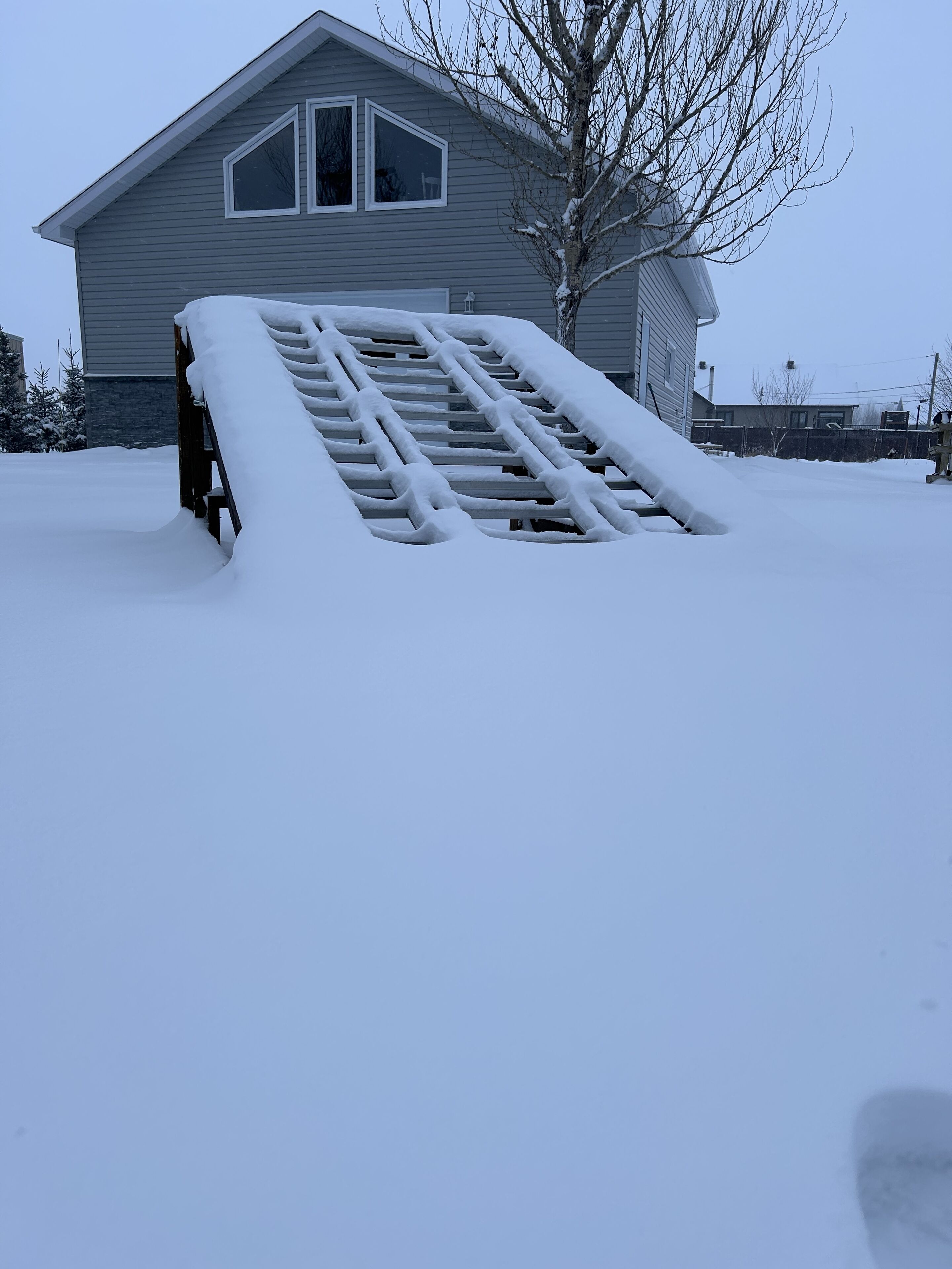 A house with a snow-covered staircase leading to the front door.