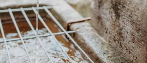 Un élément décoratif extérieur de style rustique, composé d’un bec verseur en métal et d’un bassin en béton.