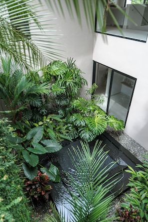 Un jardin intérieur luxuriant, avec différentes plantes tropicales et un petit élément décoratif aquatique.