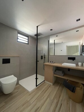 Hair dryer, towels, soap, shampoo