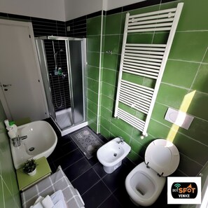 Shower, hair dryer, bidet, towels