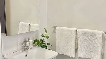 Une salle de bain avec un lavabo blanc, un miroir, deux serviettes et une plante.