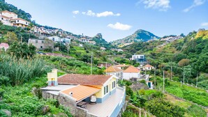 Un barrio residencial en una ladera con casas, algunas con tejados de tejas rojas, rodeado de vegetación exuberante y colinas al fondo.