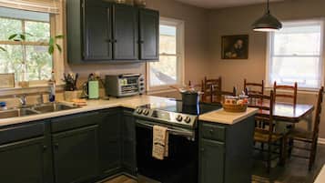 Fridge, microwave, coffee/tea maker, cookware/dishes/utensils