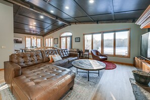 TV, fireplace, DVD player, table football - Lake Arbutus Escape! Dock, Fire Pit & Game Room (Neillsville)