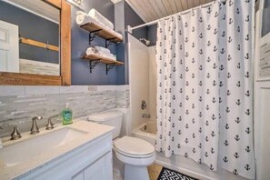 Hair dryer, towels, soap, shampoo