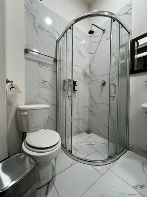 A modern bathroom with a glass-enclosed shower, a toilet, and a sink. - Discover Condesa (Mexico City)