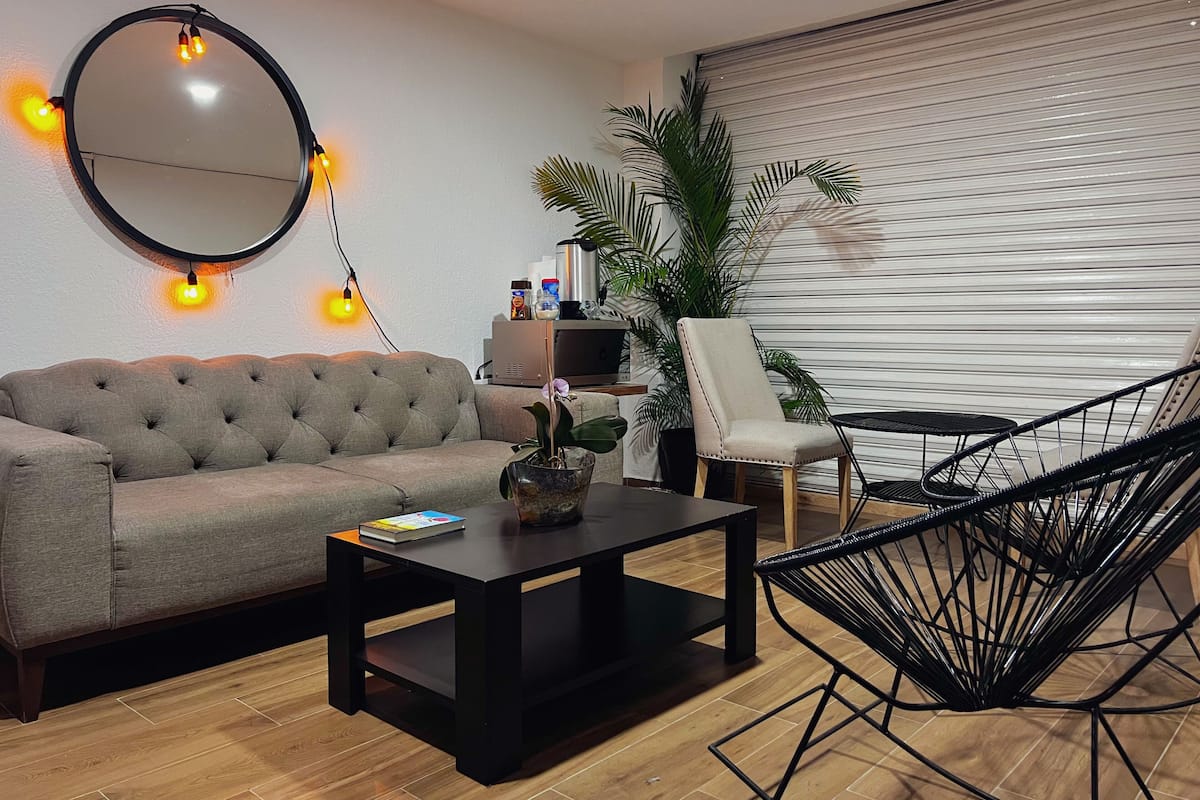 A living room with a sofa, a coffee table, a round mirror, a chair, and a potted plant.