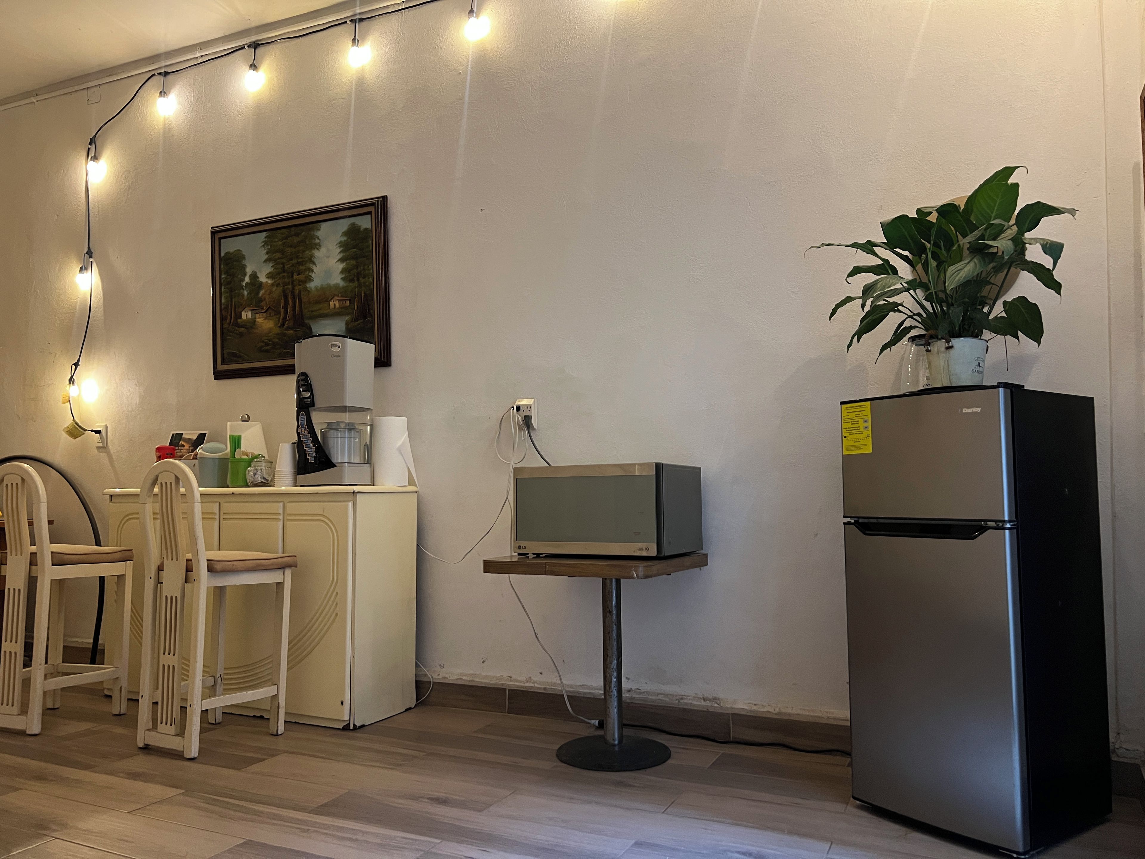 A kitchenette with a refrigerator, microwave, and coffee maker. There is a chair and a small table with a plant on top of the refrigerator.