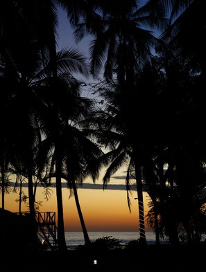 Ein Strandbild mit Palmen und einer Holzkonstruktion bei Sonnenuntergang.