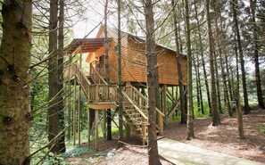 A wooden treehouse with a staircase, surrounded by a forest. - Pine Cove Treehouses & Cabins (Millersburg)
