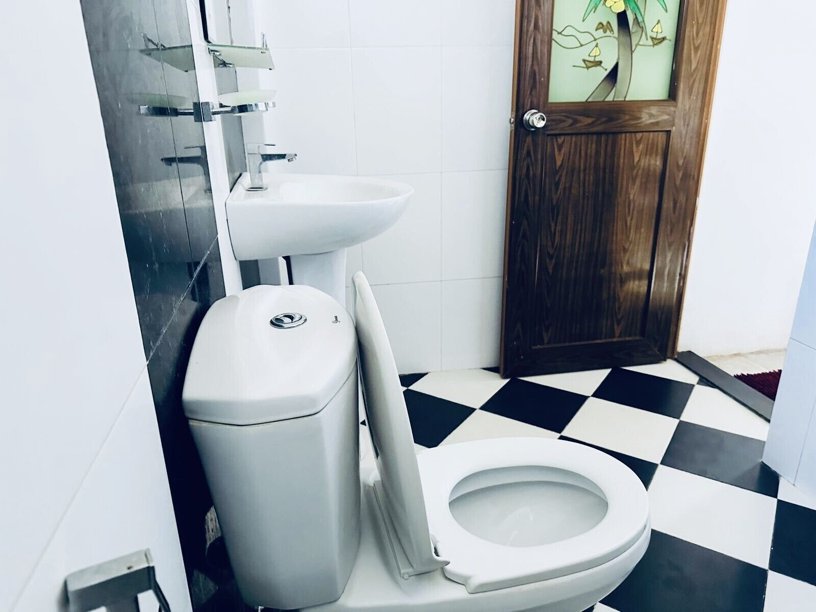 A bathroom with a white toilet, a sink, and a wooden door with a glass panel.