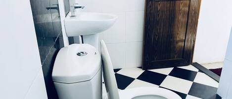 A bathroom with a white toilet, a sink, and a wooden door with a glass panel.